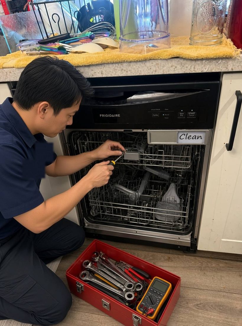 Glacier Ridge technician with toolbox and multimeter servicing a built-in kitchen appliance in Bremerton