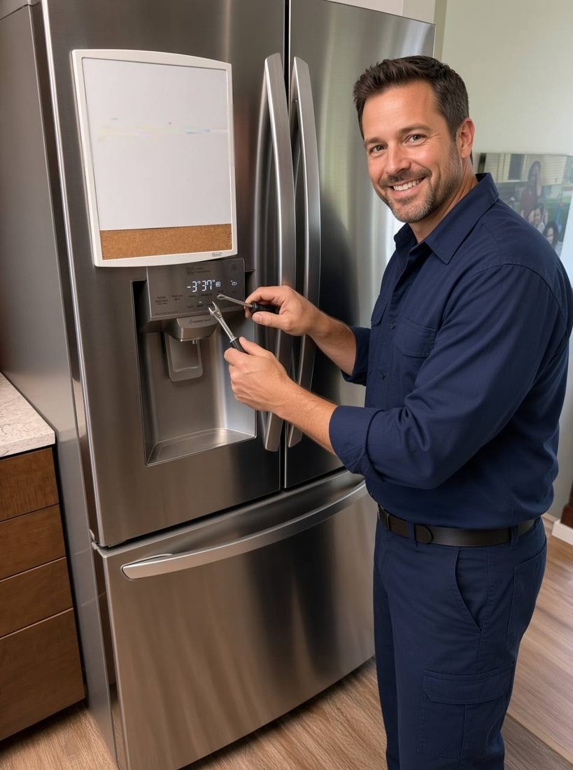 Glacier Ridge technician diagnosing a stainless French-door refrigerator dispenser in a Silverdale kitchen