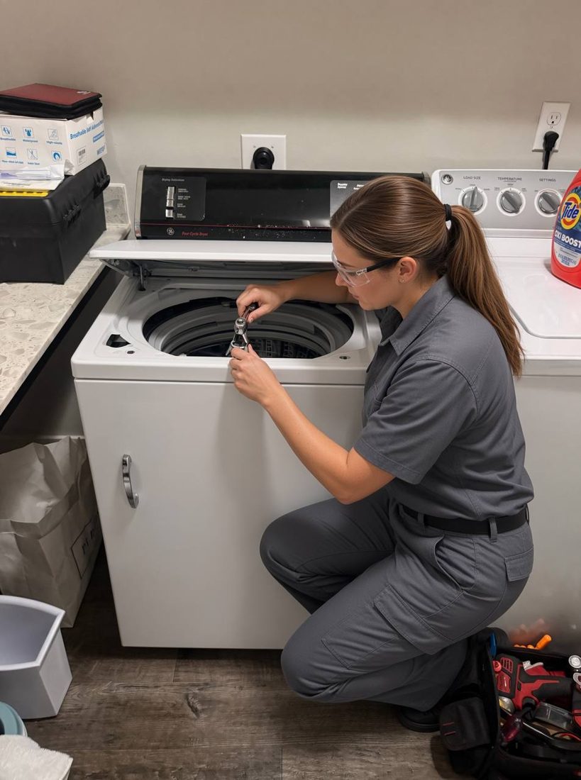 Technician in safety glasses repairing an open top-load washer in a Poulsbo laundry room